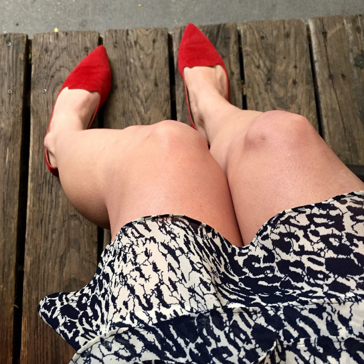 Red Smoking Slippers and Reiss Dress at Extra Virgin